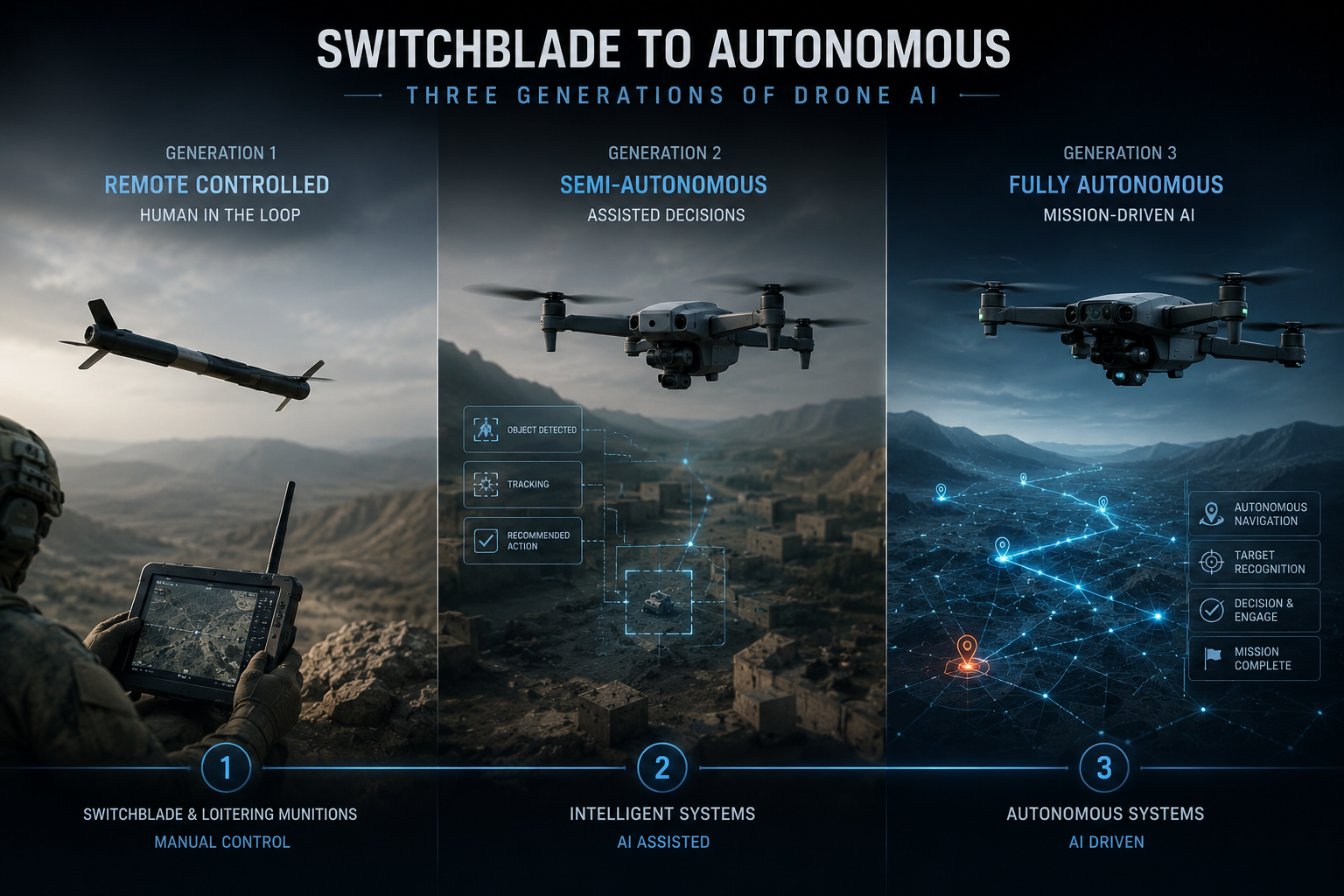 Switchblade to Autonomous: Three Generations of Drone AI